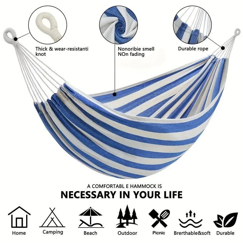 Bed Outdoor Camping - เปลญวนผ้าใบแบบไม่มีโครงไม้ สำหรับตั้งแคมป์กลางแจ้ง เปลแขวนในร่ม ชิงช้าเด็ก พร้อมเปลญวนลายทางหนาพิเศษ ป้องกันการพลิกคว่ำ