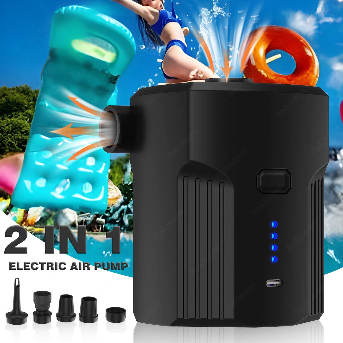 Bed Outdoor Camping - ปั๊มลมไฟฟ้าแบบพกพาสําหรับ Inflatables 5 หัวฉีดสําหรับตั้งแคมป์กลางแจ้ง,ที่นอนลมเตียง,เรือ,เบาะ,โซฟา,สระว่ายน้ําลอย